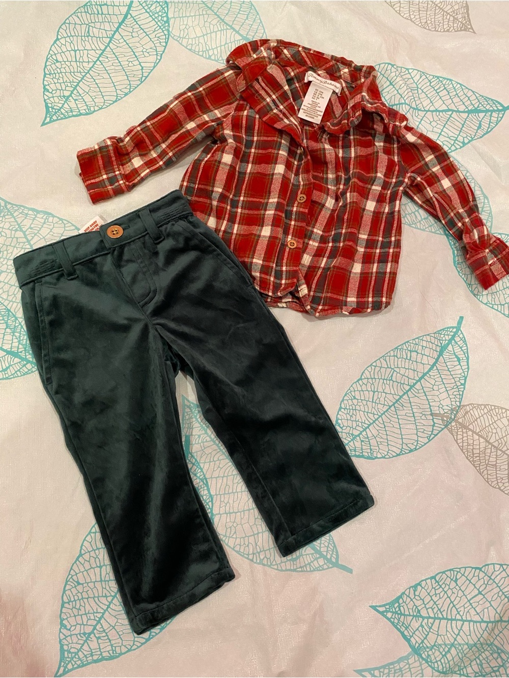 Tommy Bahama Red Plaid Button-Down Shirt with dark green matching pants for Kids
